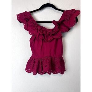 Chic Express Red Eyelet Ruffle Peplum Top - XXS
